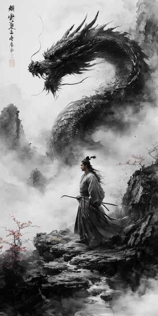 masterpiece, best quality, concept_dragon photo, (1man), 22 y.o., long floating white hairs, action pose, hanfu fashion, chinese dragon, eastern dragon, white theme, volumetric lighting, ultra-high quality, photorealistic, rock mountain background, chinese watercolor painting
