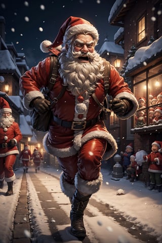 santa claus, male focus, facial hair, boots, santa hat, beard, snowing, gloves, santa costume, running, mustache, snow, fur trim, belt, sack, bag, pants, night, black gloves