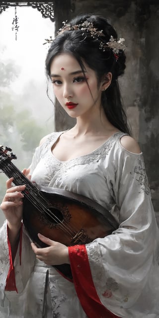 masterpiece, best quality, 32k uhd, insane details, intricate details, hyperdetailed, hyper quality, high detail, ultra detailed, Masterpiece, lute,1girl, ornament,blurry background, hanfu,holding instrument,playing instrument, bare shoulders, full body, A mature facesideways glance, cold attitude,eyeshadow,eyeliner,red lips,watery eyes, Milky skin, 
