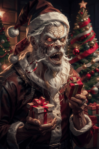 santa claus, beard, zombie, male focus, facial hair, santa hat, gift, weapon, christmas tree, open mouth, holding, solo, white hair, santa costume, jewelry, ring, box, teeth, yellow eyes, old man, angry, glowing eyes, glowing, gift box