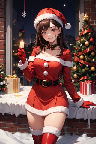 (absurdres, highres, ultra detailed, high resolution: 1.1), 1 girl, solo, smile, medium breasts, brunette hair, long hair, brown eyes, santa, red beret, white collar with bell, red gloves, red dress, red boots, santa girl costume, christmas, holy night, christmas decorations, christmas night, nice hands, perfect hands,