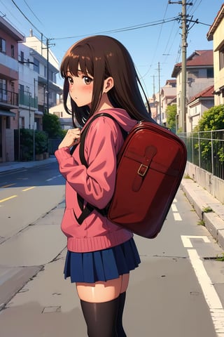 ((masterpiece, best quality, absurdres, highres, ultra detailed, high resolution, very fine 8KCG wallpapers)), 1girl, solo, pre-teen, elementary school student, long hair, blush, skirt, brown hair, thighhighs, brown eyes, shoes, black thighhighs, hood, red backpack, Japanese school backpack, two side up, zettai ryouiki, hoodie, (red randoseru:1.4), carry a school backpack, downtown, depth of field, day, blue sky, nice hands, perfect hands,