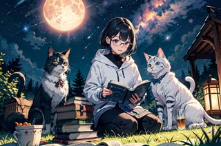 digital painting, three joyful cats engrossed in a reading session on a grassy meadow, vibrant colors and rich textures, whimsical scene with books scattered around, cats wearing cute eyeglasses, each with a unique book genre, one cat in fantasy, one in mystery, one in science fiction, colorful picnic blanket with a basket of treats, books piled high creating a cozy reading nook, starlit sky painted with vivid blues and purples, constellations forming shapes of classic literature characters, shooting stars leaving trails of sparkling thoughts, moon casting a gentle glow, wide-angle perspective capturing the expansive landscape and starry cosmos.