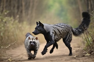 two animals, a small civet and a big dog, the dog is chasing the civet, horrifying, uneasy