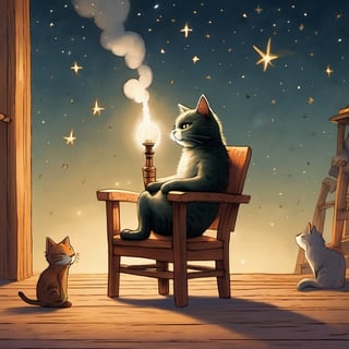 a cat smoking pipe, sitting on wooden chair, a lamp alone, shining stars in the sky, wide angle, Oliver Jeffers