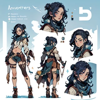 female adventurer, CharacterSheet, multiple views, full body, upper body, reference sheet:1,