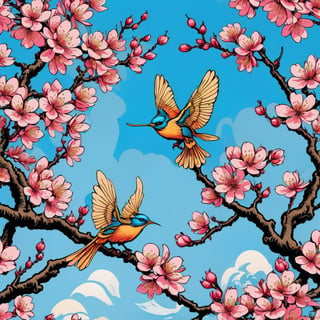Leonardo Style, illustration,Centred vector art, high contrast, Well-defined black lines, Imagine a high-quality, 4K photograph capturing the essence of spring in its purest form. A close-up shot of cherry blossoms in exquisite detail, their soft, pink hues contrasting beautifully with the azure sky. The photo exudes a sense of tranquility, inviting you to immerse yourself in the delicate beauty of nature, traditional Chinese style, intense dark colors , LSD trip style ,  Centred vector art, ,oni style