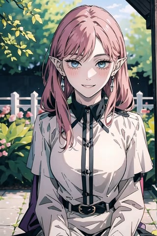 masterpiece, best quality, ultra-detailed, glowing light, (detailed background, complex background:1.2), (perfect face, detailed face), (mature female, milf:1.4), full-face blush, smile, parted lips, thighs,, frieren, 1girl, long hair, pointy ears, twintails, jewelry, elf, earrings, capelet, white capelet, long sleeves, parted bangs, dress, belt, flower(outdoors, garden, sitting, arms support)  