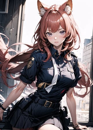 A girl, 30 years old, wearing a police uniform and narrow skirt, looking from the lower body to the upper body,raphtalia