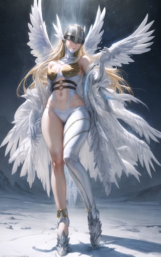 Saoirse Ronan as Angewomon from Digimon, metal helmet, blonde, angel, divine, white costume, snow mountain, petite, realistic colourful tattoos, piercings, photorealistic painting, (full body portrait), stunningly attractive, ((highly detailed face)), intricate, 8k, highly detailed, volumetric lighting, digital painting, intense, sharp focus, art by artgerm and rutkowski and alphonse mucha, cgsociety, ((detailed eyes))