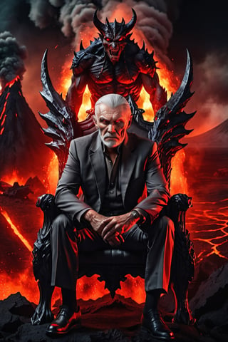 Russian old man dressed up like devil, battle scars all over his face, looking with a fierce look in his eyes, sitting in his throne, crossed legs and crossed hands between his shoulders, looking with intense and focused look, red glowing eyes, 3d enviroment, background with volcanic eruption and lava with dragons