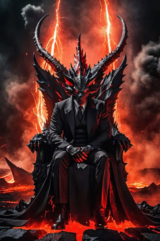  a terrifying demon looking furiously, covered with long black coat, battle scars all over his face, looking with a fierce look in his eyes, sitting in his throne, crossed legs and crossed hands between his shoulders, looking with intense and focused look, red glowing eyes, 3d enviroment, background with volcanic eruption and lava with dragons flying, dragon spitting fire