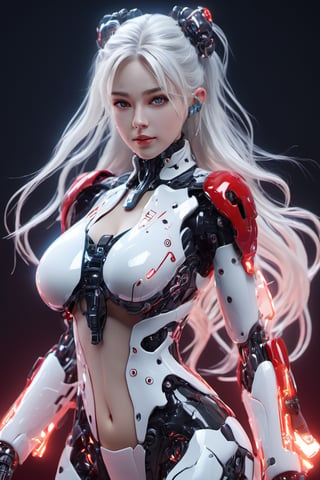 small squared-fire glass, sexy mecha girl, glass uniform, front facing, fullbody, front side, subsurface scattering, volumetric light, (cybernetic body:1.4), transparent, translucent skin, glow, bloom,3d style,cyborg style,Cinematic Shot,3d, (full_body:1.9), wide_shot, curvy_figure, on_one_foot, big_breasts, red glow, thighhigh boots,  high_heel_boots, braided_hair, long hair, twintails, white hair,  (chubby:1.5), (negative space:1.4), (white space),
