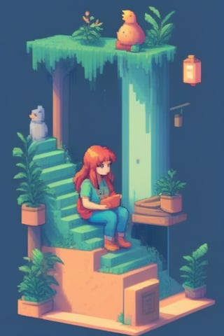 pixel art, 1girl, bird, solo, long hair, stairs, bag, plant, sitting,lofi,tshirt design,flat design