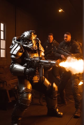 falloutcinematic, power armor, holding chain gun, muzzle flash, Maximus, european man, vertibird interior, , multiple boys, realistic