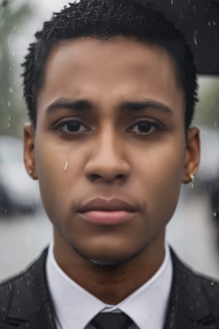 cinematic photo of a young black man heavily crying from both eyes with tears, snot dripping from nose, face in pain, wearing a black suit in the rain at a funeral . 35mm photograph, film, bokeh, highly detailed tears, professional, 4k, highly detailed,tears,<lora:659095807385103906:1.0>