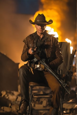 falloutcinematic, solo, 1boy, rotten ghoul, undead, cowboy hat, amputated arm, ammo shoulder strap, jacket, brown pants, seated in leather chair, holding weapon, pointing weapon at viewer, rifle, bokeh, rubble, outdoors, , solo, realistic, muzzle flash, 