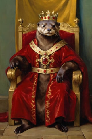 Otter as a king, crown has text reading "Rosa", bunting above throne, gold throne with upholstered red seat and back, gold scepter with red diamond, in red silk robe, luxurious pose, full body, red gems on tips of crown, gold crown, masterpiece quality, absurdres, 8k, painted by Vincent Van Gogh, 