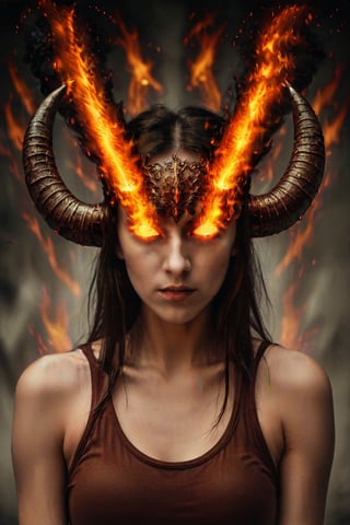 woman, horns, burningeyes, fire, tank top, ,<lora:659095807385103906:1.0>