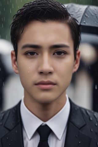 cinematic photo of a young man crying with tears, wearing a black suit in the rain at a funeral . 35mm photograph, film, bokeh, professional, 4k, highly detailed,,<lora:659095807385103906:1.0>