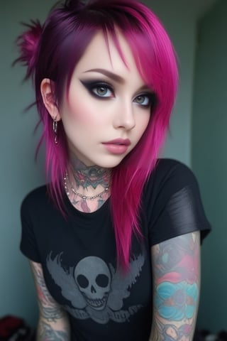 1girl, pink-emo, piercings, septum_ring, tattoos,<lora:659095807385103906:1.0>