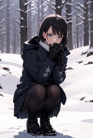 RAW photo, complex ultra detailed PHOTO of an exquisitely beautiful,Outdoors, snow scene, forest, snow on the ground, a girl squatting facing the screen, short hair, hands in front of her mouth, black stockings, boots, winter gloves, coat, pleated skirt, facing the screen.