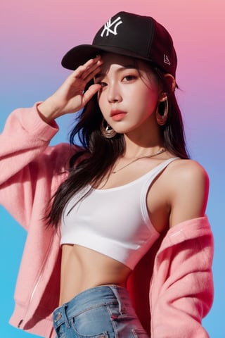 A girl, hip-hop style, with good figure, dancing pose, wearing a hat, blushing, is wiping sweat from her forehead