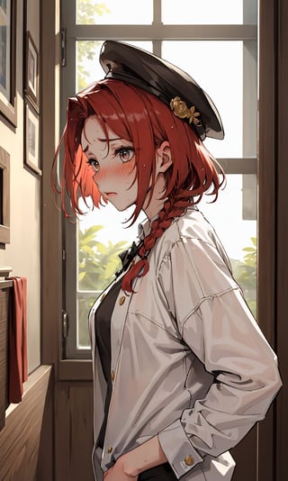 1girl, dynamic angle, looking at another, indoor, from the side, masterpiece, tallest, best, amazing, great, detail, short red hair, bob head, side braid,Wearing a hat, blushing and wiping sweat from his forehead
