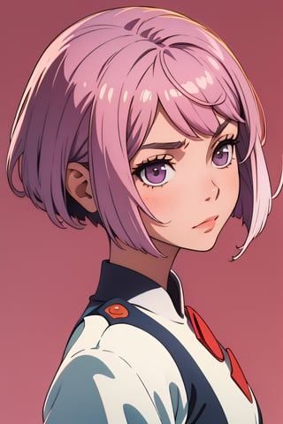 1 woman, 18 years, short hair, (((square haircut))), ((light mauve hair)), moon child, anime inspired style, ichigo with mauve hair color, masterpiece, best quality, highres,  military uniform