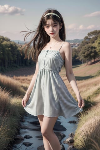 background is grass field, horizon,
18 yo, 1 girl, beautiful korean girl,standing on the hill,
wearing cute short dress(strap), cloth blowing by wind,socks,sneakers,hairband,touch hair with hand,happy laugh, solo, {beautiful and detailed eyes}, dark eyes, calm expression, delicate facial features, ((model pose)), Glamor body type, (dark hair:1.2), simple tiny earrings, simple tiny necklace,very_long_hair, hair past hip, bangs, straight hair, flim grain, realhands, masterpiece, Best Quality, 16k, photorealistic, ultra-detailed, finely detailed, high resolution, perfect dynamic composition, beautiful detailed eyes, sharp-focus, full_body, cowboy_shot,firefliesfireflies