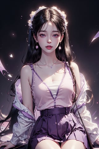 (photorealistic:),(masterpiece, sidelights, exquisite gentle eyes), (character focus,face focus,portrait,masterpiece),、3D face,(white and black gradient hair,middle hair),(1 girl),(fluorescence purple eyes), ,(cowboy shot:1.5),(sit,spread legs),(), (sleeveless vneck sweater、 very short pleated miniskirt),(forced smile),Open mouth, (cute face),(medium breasts),(purple gradient background)、 neat and clean、adorable、Slim Body,(tareme),,shiny hair, shiny skin、,niji,