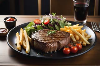 Beef steak, perfectly cooked, on a black plate, decorated beautifully. There were french fries on the plate. There are a few salad vegetables and tomatoes placed on a wooden table, giving the atmosphere of an English restaurant. high resolution images Use a macro lens to take beautiful photos with beautiful light.,booth