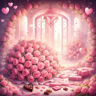 Illuminate the spirit of Valentine's Day with an image generation prompt featuring pink roses. Envision a scene where delicate pink roses intertwine, forming a romantic tableau that embodies the essence of love and affection. Let the soft, rosy hues dominate the palette, evoking warmth and tenderness. Whether arranged in a bouquet or scattered amidst Valentine's Day symbols, such as hearts and chocolates, the image should encapsulate the sweet sentiment of the occasion. This prompt invites the creation of a visually compelling representation that encapsulates the timeless connection between pink roses and the celebration of love on Valentine's Day.,