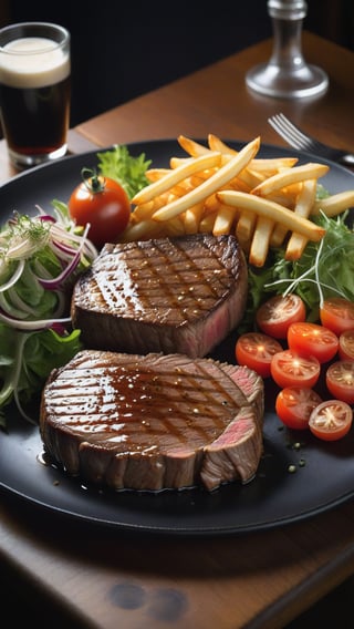 Beef steak, perfectly cooked, on a black plate, decorated beautifully. There were french fries on the plate. There are a few salad vegetables and tomatoes placed on a wooden table, giving the atmosphere of an English restaurant. high resolution images Use a macro lens to take beautiful photos with beautiful light.,booth,food focus,no humans