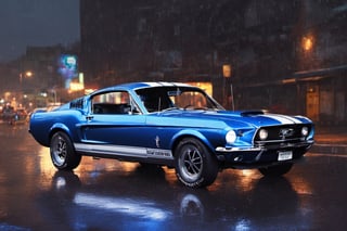 Ford mustang gt500 1968, high_resolution, high detail, hyper car, silver and blue colour realistic, realism, reflection, detailed and intricate background, rain,at night,neon light strip on car edge