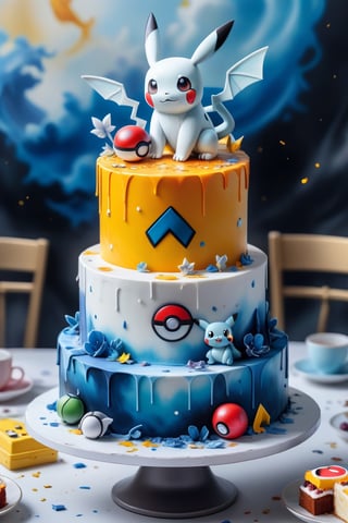 wedding cake, remodernism ,white with 
 pokemon  icon on it
 scattered the cake,masterpiece 8k wallpaper, art photography, manga drawing, an airbrush painting, vibrant oil painting, beautiful matte art, LitRPG, extremely detailed, neo-blie romanticism, DSLR, HDR