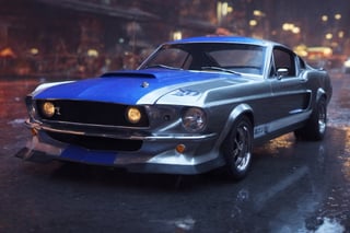 Ford mustang gt500 1968, high_resolution, high detail, hyper car, silver and blue colour realistic, realism, reflection, detailed and intricate background, rain,at night,neon light strip on car edge,mecha,neon photography style,avatar cute,Origami 