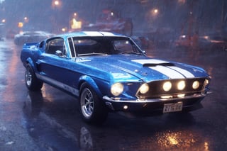Ford mustang gt500 1968, high_resolution, high detail, hyper car, silver and blue colour realistic, realism, reflection, detailed and intricate background, rain,at night,neon light strip on car edge,mecha,neon photography style,avatar cute