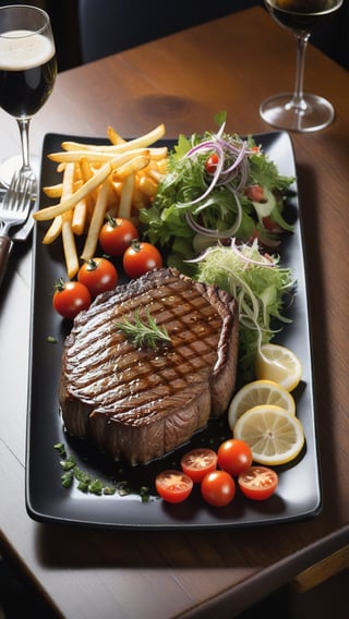 Beef steak, perfectly cooked, on a black plate, decorated beautifully. There were french fries on the plate. There are a few salad vegetables and tomatoes placed on a wooden table, giving the atmosphere of an English restaurant. high resolution images Use a macro lens to take beautiful photos with beautiful light.,booth