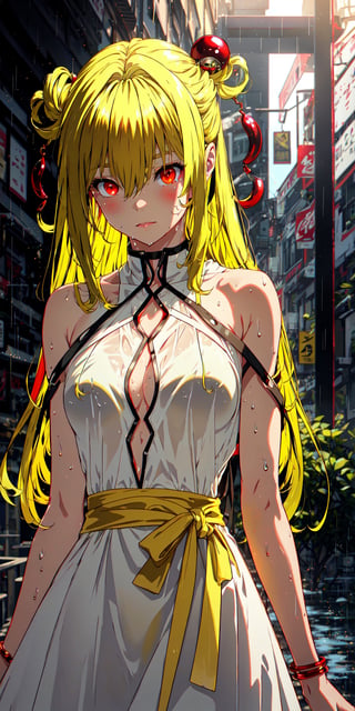 (((wide shot))), 1girl, (((solo))), toloveruyami, (yellow hair:1.5), long hair, (red eyes:1.5), (hair ornament:1.2), two side up,  medium breasts, Eye lashes,Beautiful pupils,eyeshadows,Light blush,Delicate facial features,Rational facial features,（wet wear：1.4）,Real rain, in the morning, Wet hair, (((in the morning))),（（（tmasterpiece）,（Very detailed CG unity 8K wallpaper）,best qualtiy,cinmatic lighting,detailed back ground,beatiful detailed eyes,（Very fine and beautiful）,（Beautiful and detailed eye description）,ultra - detailed,tmasterpiece,））, kaa, white transparent wedding dress , sleeveless, off-shoulder, bracelet, urban techwear, (((front view))),hair ornaments, phyami,High detailed ,yami,urban techwear