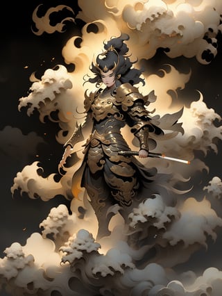 mythical clouds, 1boy, solo, male focus, black hair, weapon, holding, holding weapon, horns, pointy ears, smoke, full body, long sleeves, armor, japanese clothes, short hair, closed mouth,3d figure,cyborg,tshirt design,6000,dfdd