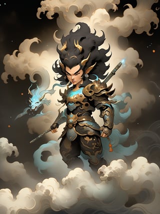 mythical clouds, 1boy, solo, male focus, black hair, weapon, holding, holding weapon, horns, pointy ears, smoke, full body, long sleeves, armor, japanese clothes, short hair, closed mouth,3d figure,cyborg,tshirt design,6000,dfdd