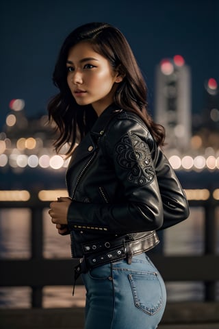 (masterpiece), (extremely intricate:1.3), (realistic), entered, award winning upper body digital art, (hyperelistic shadows), masterpiece, | korean, tight blue jean, open leather jacket, | city, sea, bokeh, blurred background, depth of field, night film, 