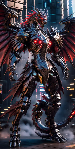 A Hi-Tech cyberpunk style black red dragon style suit, Hi-Tech mechanical wings, Custom design, shining body, glowing look, full shining suit, body, hues.,steampunk style,cyberpunk style,mecha, perfect custom Hi-Tech suit, weapon master, ,cyborg style,Movie Still,robot,cyberpunk, batman Hi-Tech motor_bike, , , , , 