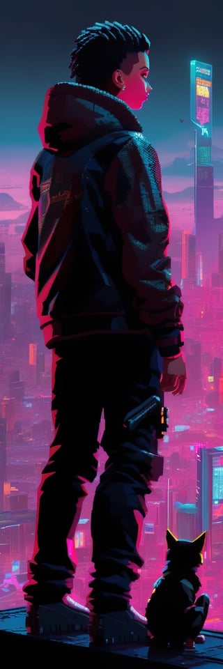 Cyberpunk 2077, Pixel-Art Adventure featuring a boy: and a Robot Pixelated girl character, vibrant 8-bit environment, reminiscent of classic games.,Leonardo Style 
A person staring blankly into black standing on top of a world , 4k, ultra realistic, beautiful , amazing 