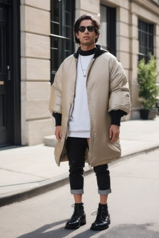 The man in the photo is standing against a beige background, a Tumblr personality. Her outfit consists of a reflective puffer jacket and a poncho, both of which are in a stylish off-white color scheme. This ensemble could be a reference to an internet meme or trend, and it is currently trending on the design and architecture website Dezeen. The photo appears to be from a catalog, showcasing the latest in fashion trends for 2024. The accessories on display include a mac, a pair of 8. 0 LV sunglasses, and a folded piece by Mike and Wojtek Fus. Overall, this outfit embodies the cutting-edge fashion of the year and is sure to turn heads, 