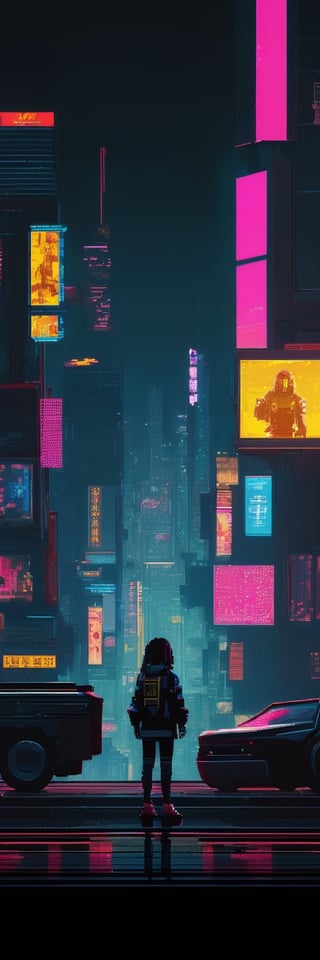 Cyberpunk 2077, Pixel-Art Adventure featuring a boy: and a Robot Pixelated girl character, vibrant 8-bit environment, reminiscent of classic games.,Leonardo Style 
A person staring blankly into black standing on top of a world , 4k, ultra realistic, beautiful , amazing 