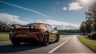 masterpiece,photo of landscape, sunny weather,(sports car,color orange), 8k,hdr, high quality, film grain,reflection masterpiece, vivid colours , weather 