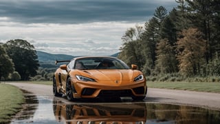 masterpiece,photo of landscape, sunny weather,(sports car,color orange), 8k,hdr, high quality, film grain,reflection masterpiece, vivid colours , weather 