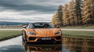 masterpiece,photo of landscape, sunny weather,(sports car,color orange), 8k,hdr, high quality, film grain,reflection masterpiece, vivid colours , weather 